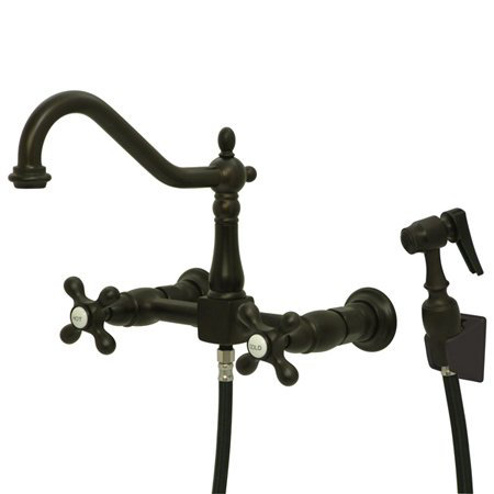 Heritage Double Handle Wall Mount Bridge Kitchen Faucet with Metal Cross  Handles and Side Spray