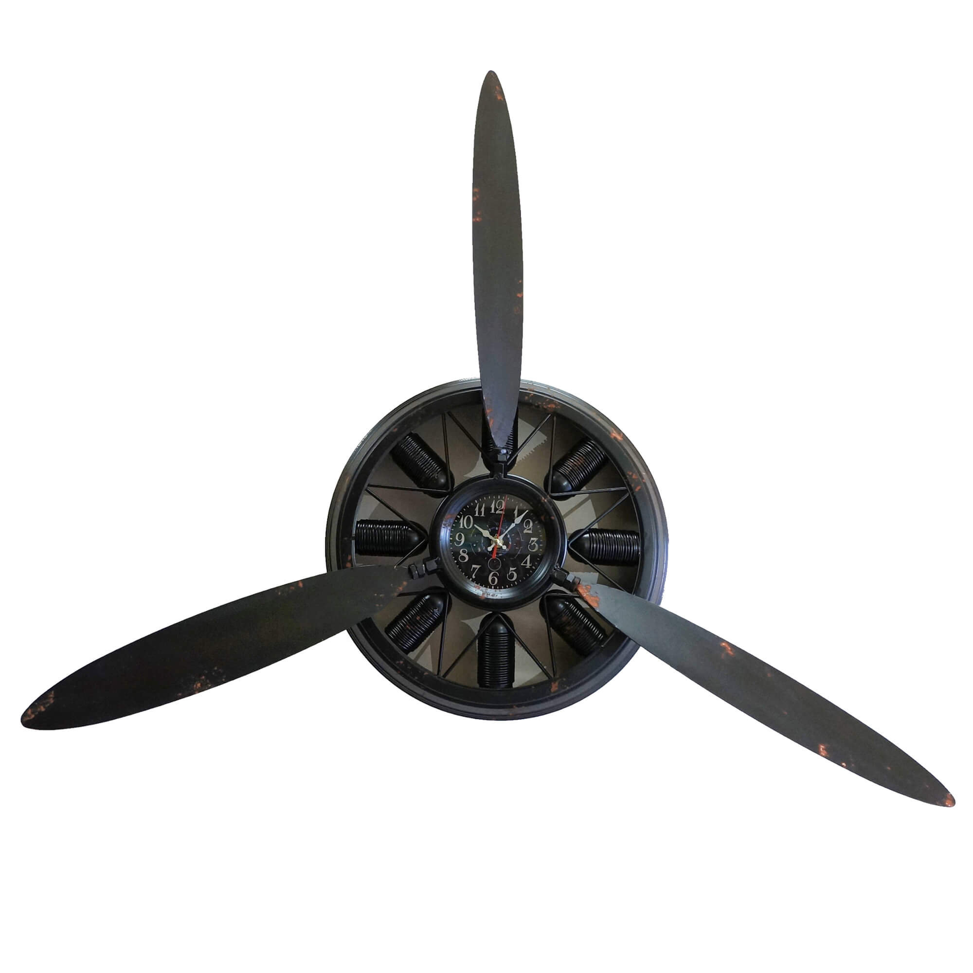 LARGE VINTAGE RETRO ANTIQUE STYLE IRON METAL PLANE PROPELLER ROUND WALL CLOCK