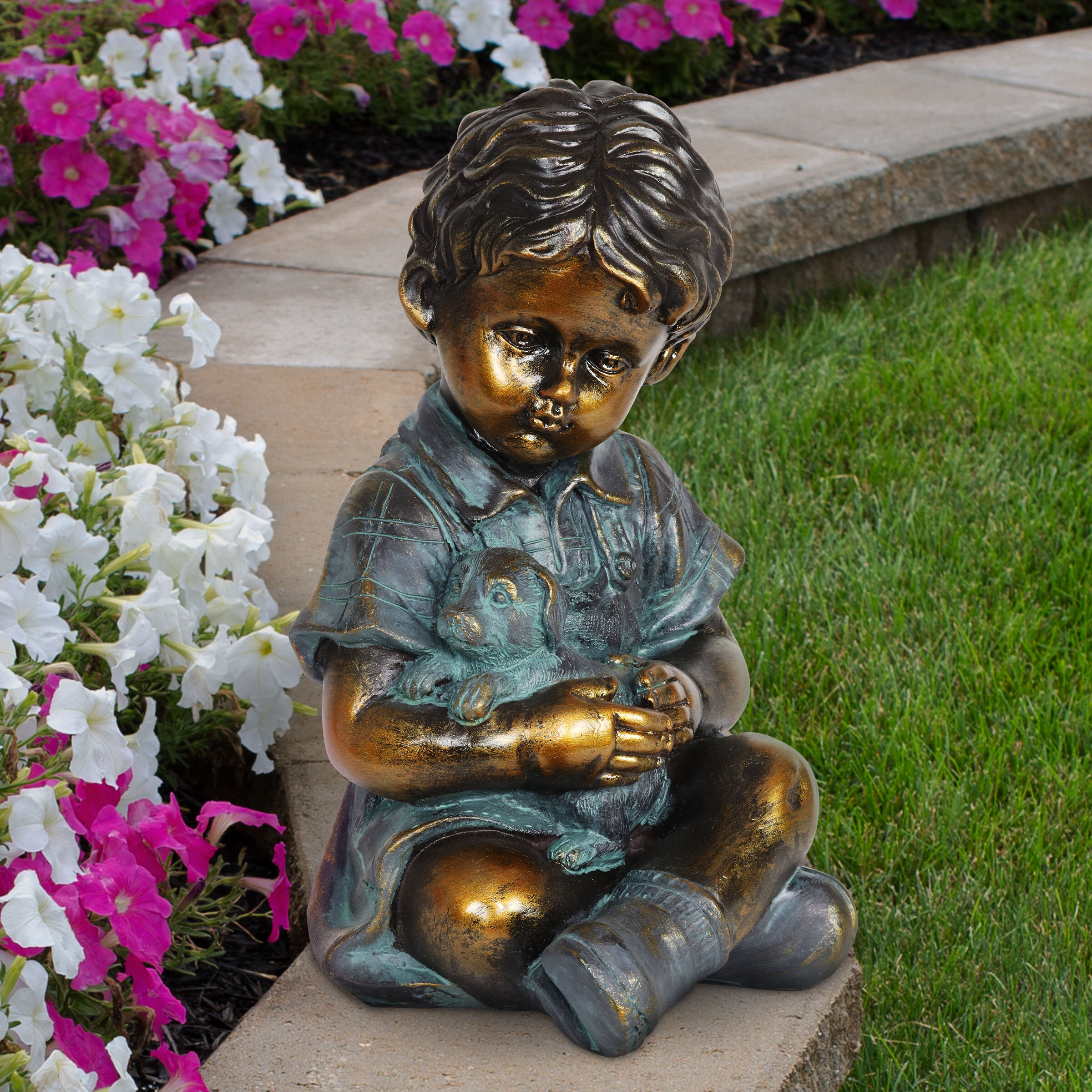 17x13x16 Bronze Colour Boy with Ball Sitting Garden Statue Suitable for Indoors or Outdoors