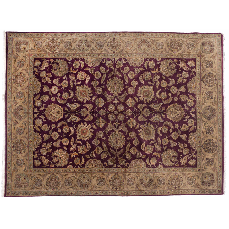 One-of-a-Kind Indian Hand-Knotted 9' x 12' Wool Beige/Burgundy Area Rug