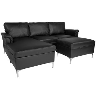 Strunk Upholstered Plush Pillow Back Sectional With Left Side Facing Chaise And Ottoman Set In Black Leather by Ivy Bronx Best Choices