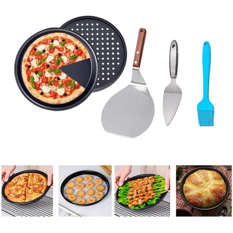kungreatbig Pizza Holes 9 Inch Nonstick Carbon Steel Bakeware Crisper Pan Pizza Tray, Peel, Oil Brush, Oven Pizza Baking Supplies 5-Piece Set | Wayfair