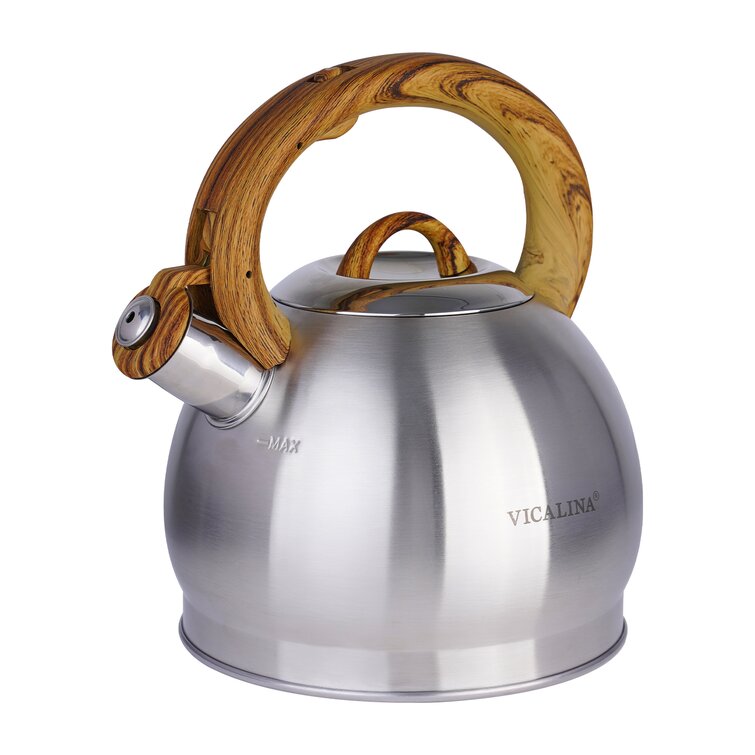 Grey with Brown Handle Kettle with Whistle 3.0 L Stainless Steel Stove Top Gas Induction Whistling Kettle White