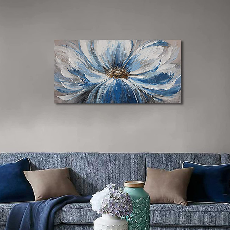 red barrel studio® flower canvas wall art for living room large white blue flower picture giclee print painting wall unframed print set on canvas wayfair red barrel studio® flower