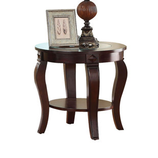 Torrez Glass Insert Top Round Wooden End Table by Fleur De Lis Living