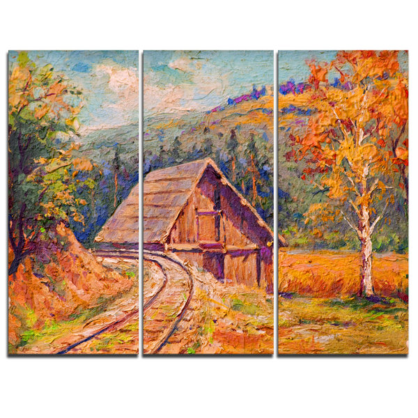 Designart Railway Track In Village 3 Piece Painting Print On