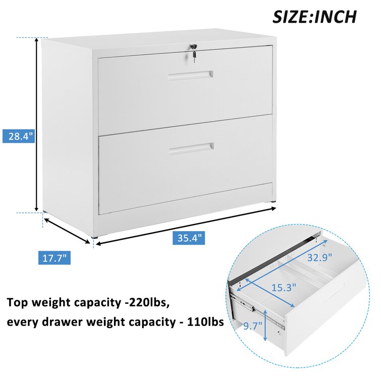 Pull Handle Lateral File Cabinet 2 Drawers with Lock White Heavy Duty Filing Cabinet for Home and Office