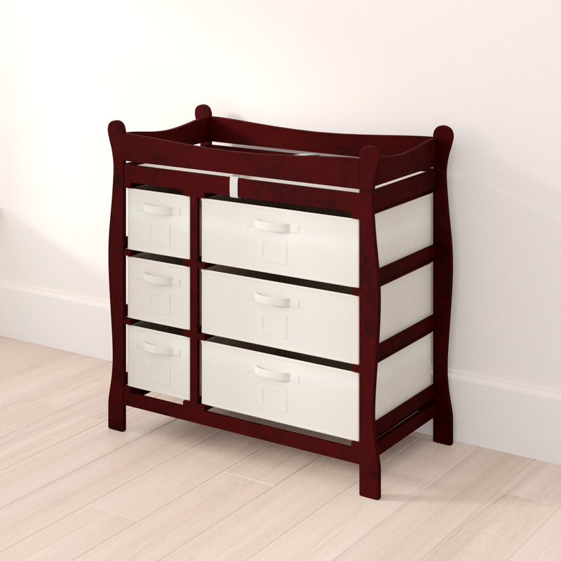 sleigh style baby changing table with 6 storage baskets and pad