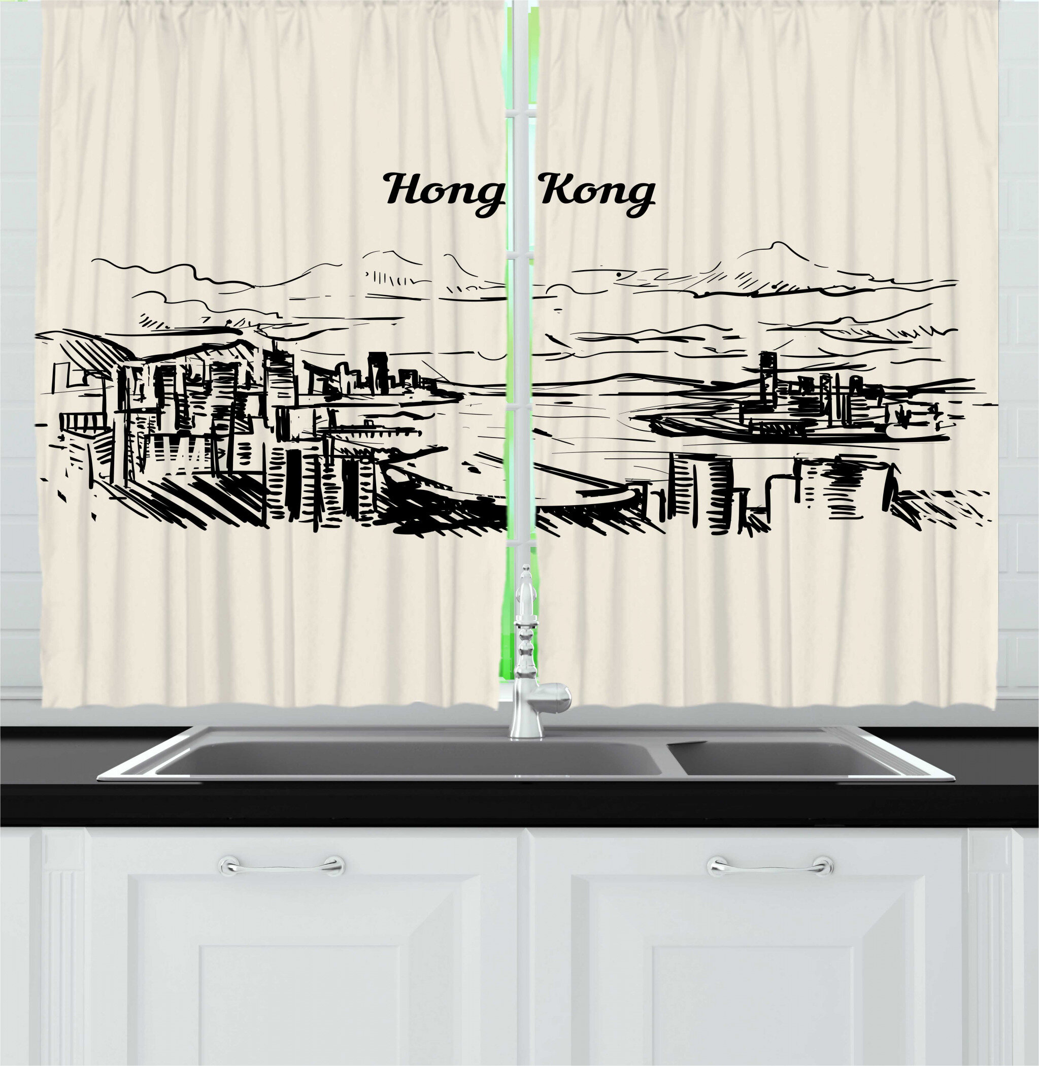 East Urban Home 2 Piece Travel Hong Kong Typography And Skyline Drawn By Hand In Monochrome Style Kitchen Curtain Set Wayfair