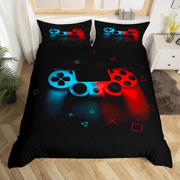 Cartoon Gamepad Geometric Print Quilt Cover Full Size Video Game Controller Home Decor Super Soft Reversible Duvet Cover Grey and White Gaming Comforter Cover Set Video Games Gamer Bedding Set