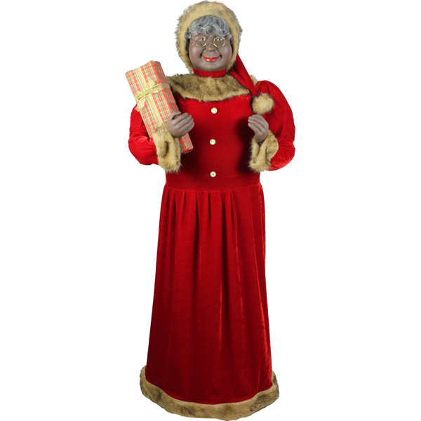 Fraser Hill Farm Life Size Indoor Christmas Decoration 5 Ft African American Mrs Claus Holding Gift Wearing Red Velvet Dress W Fur Trim Fmc058 0rd1 Aa Wayfair