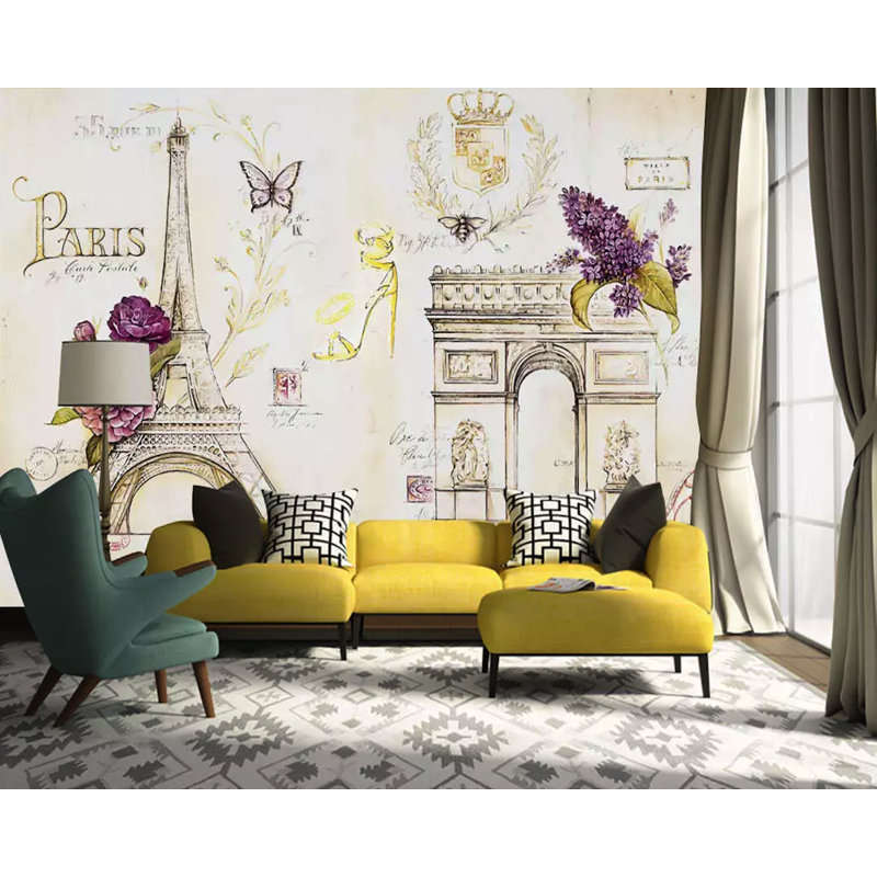 Ophelia Co Vintage Colourful Paris Drawing Textile Wallpaper