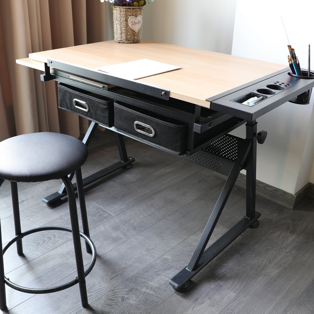 two drawers tiltable tabletop drawing table with stool