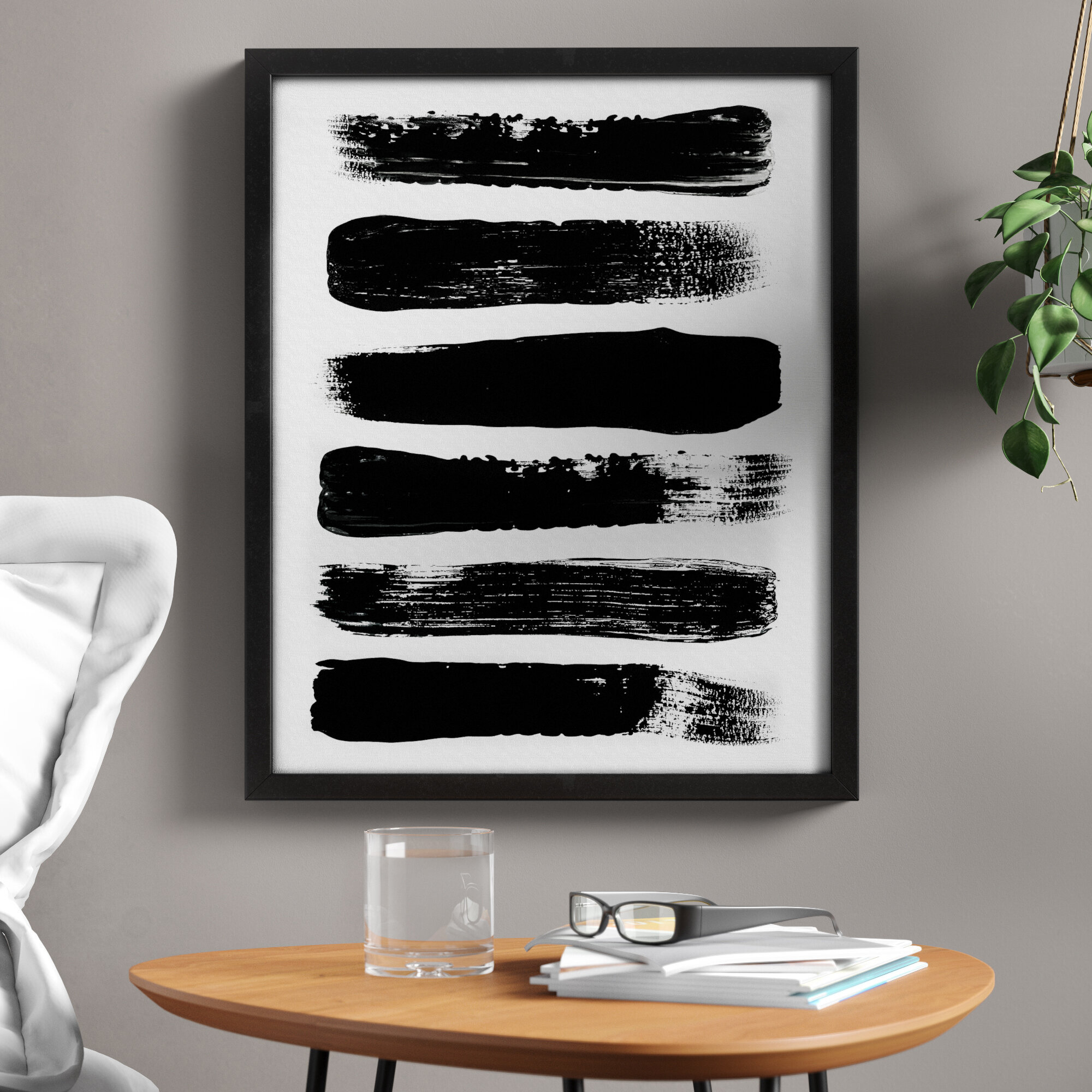 Paint Strokes Black And White Abstract - Picture Frame Graphic Art on Canvas