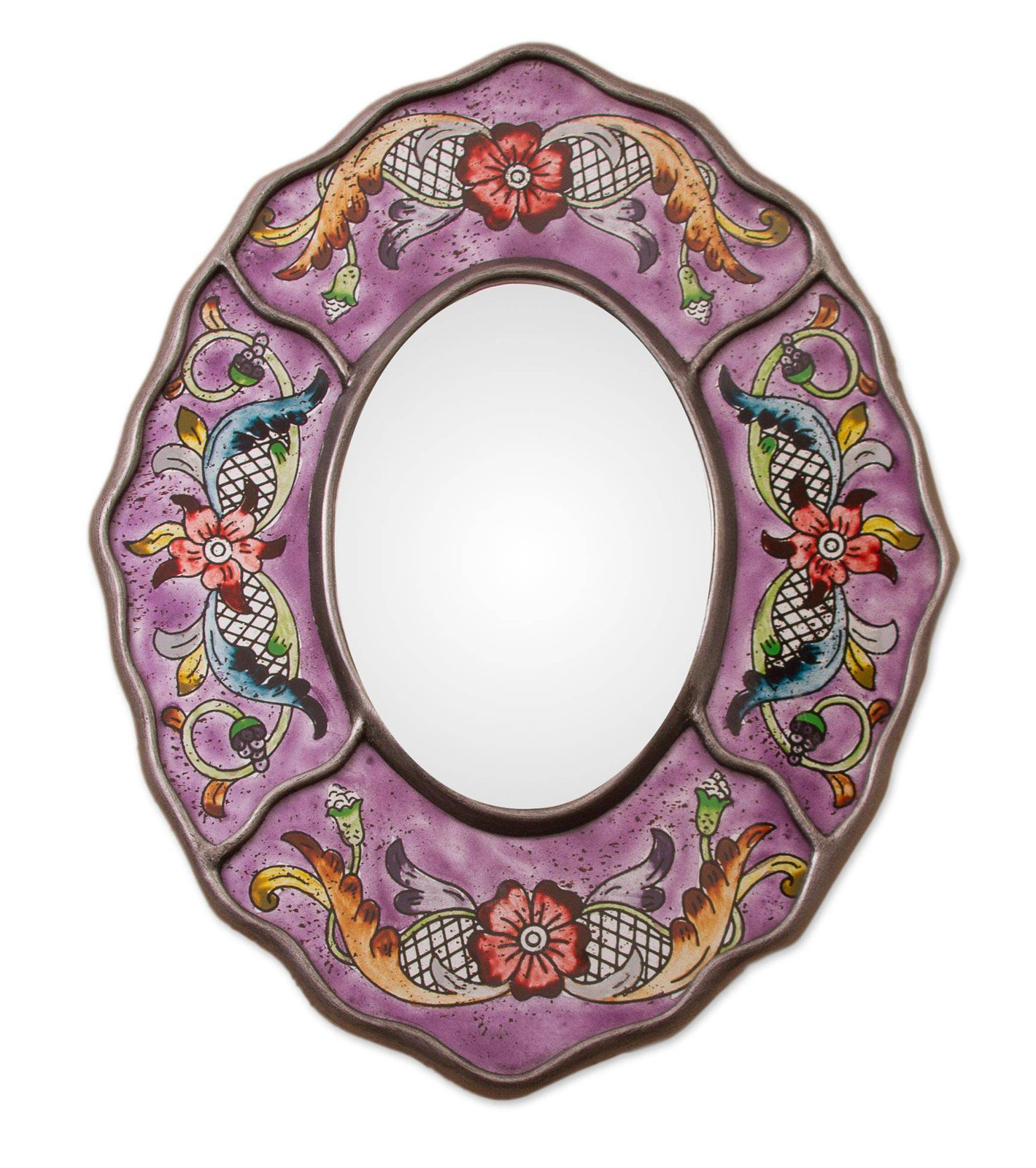 Glass Wall Mirrors - Tamarind Colonial Wreath Reverse Painted Glass Wall Mirror
