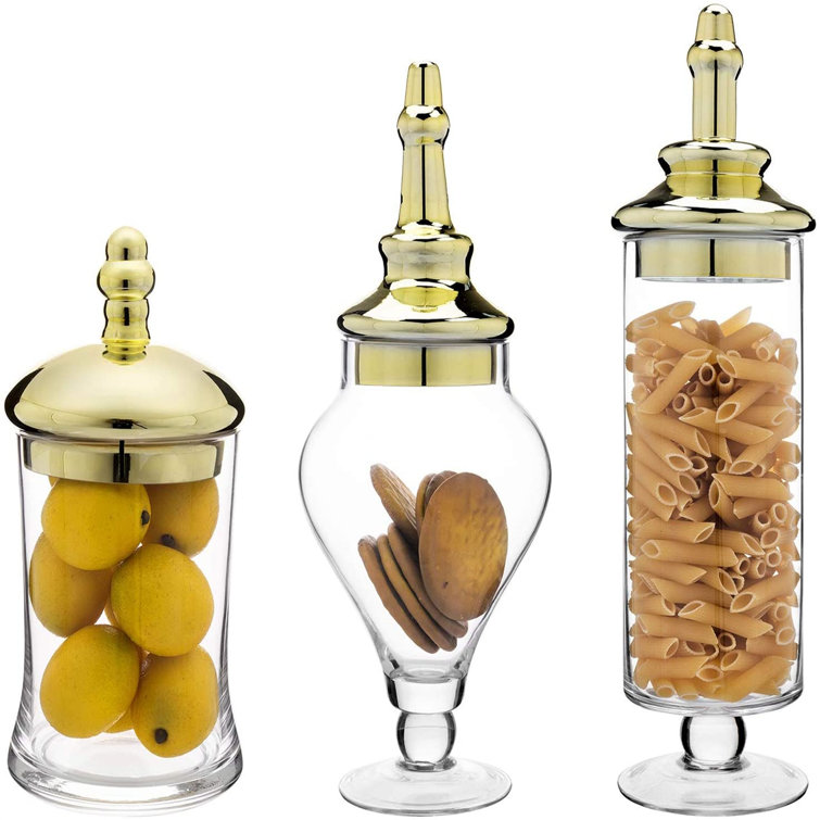 Antique-Theme Glass Apothecary Jars With Metallic Brass-Tone Lids, Set Of 3