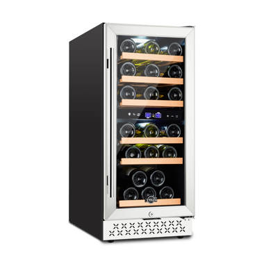 Fit Champagne Bottles 28 Bottle Dual Zone Wine Refrigerator with Stainless Steel Tempered Glass Door Freestanding and Built-in Style 【Upgraded】Aobosi 15 Inch Wine Cooler Temp Memory Function 