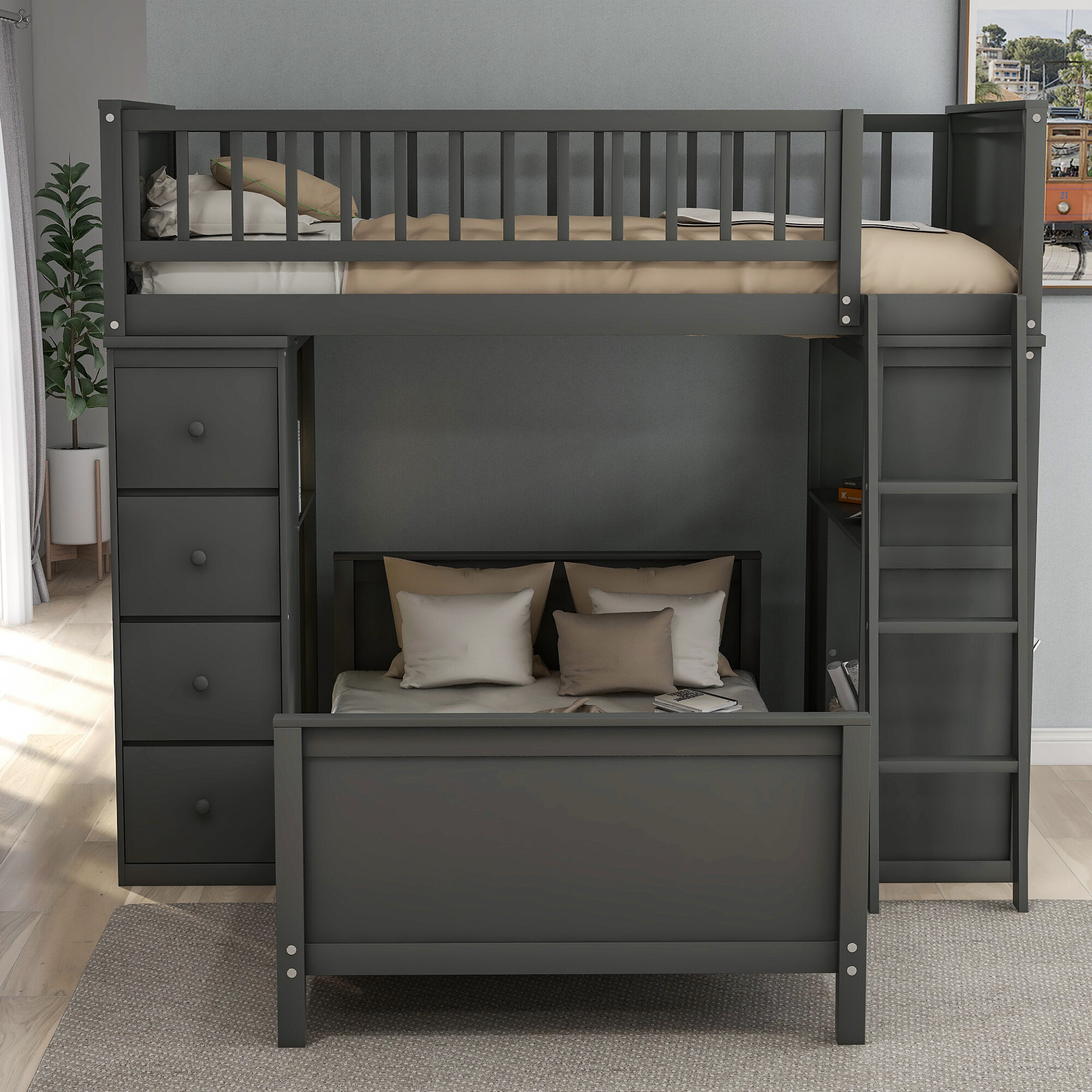 bunk bed with desk and shelves