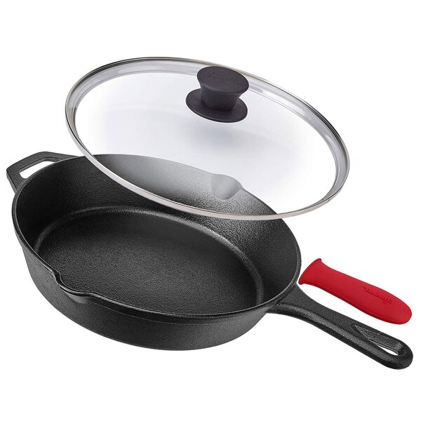 Non Stick Casserole Wok Deep Frying Pan Flat Bottomed With Glass Lid Black 30 Cm