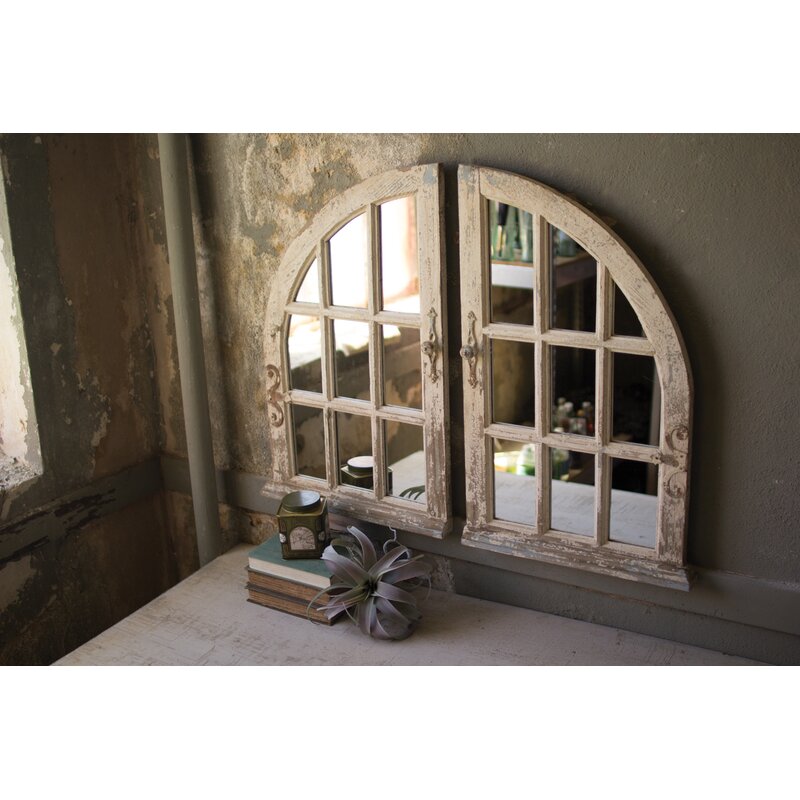 large decorative arched window pane wall mirrors in a distressed finish