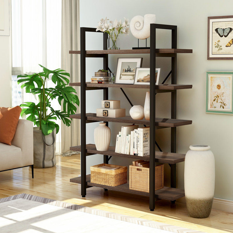 17 Stories 5 Tier Industrial Bookcase With Rustic Wood And Metal Frame Large Open Bookshelf For Living Room Wayfair Ca