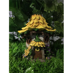 Fairy Garden House with Sunflower Roof - Solar LED Lights Statue