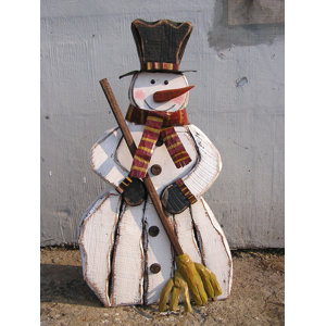 Wooden Snowman with Broom Figurine