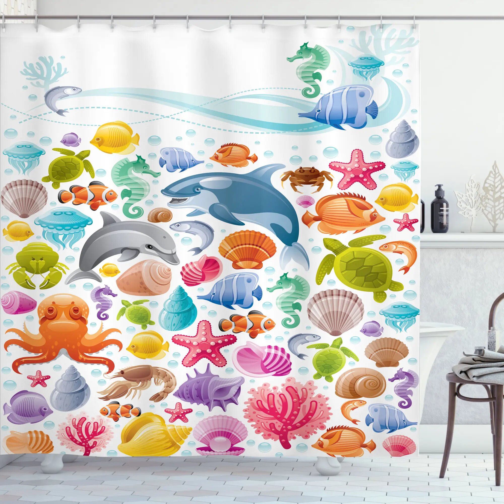 Undersea Tropical Fish Shower Curtain Liner Bathroom Set Polyester Fabric Hooks 