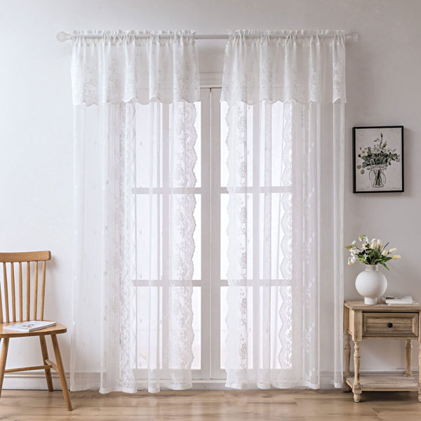 DeluxeMogul Sheer White Lace Curtains 84 Inches Long 2 Panels Rod ...