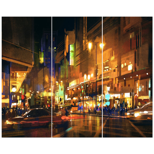 East Urban Home City Street At Night With Colorful Lights Oil