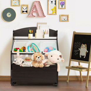 Kids Shelf Bookcase Espresso Wood Finish Childs Bedroom Storage Toys Bottom Bin 
