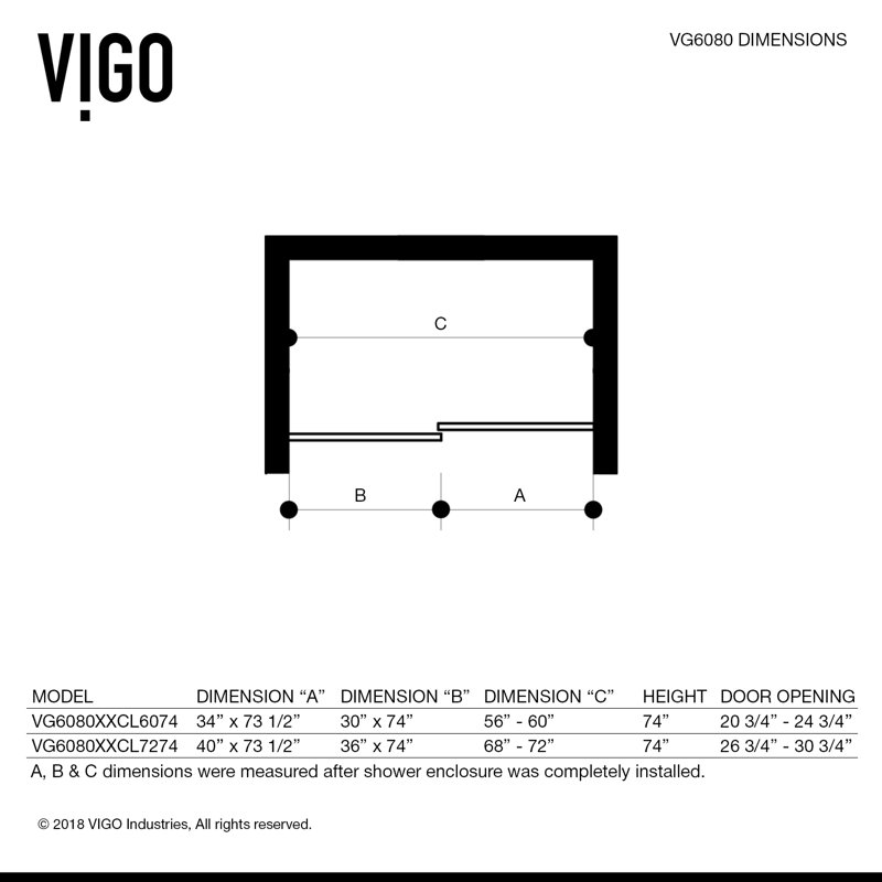 Vigo Ferrara Adjustable 60 X 73 5 Single Sliding Frameless