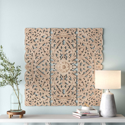 Wooden Handmade Intricately Carved Floral Beige Wall Decor with Mandala Design Set
