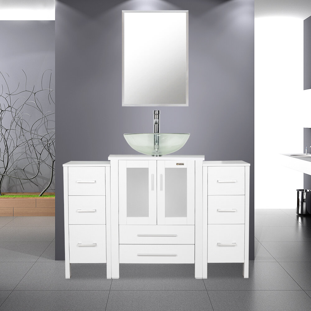 48" Bathroom Vanity Mirror 2 Side Cabinet Vessel Glass/Ceramic Sink Faucet Combo 