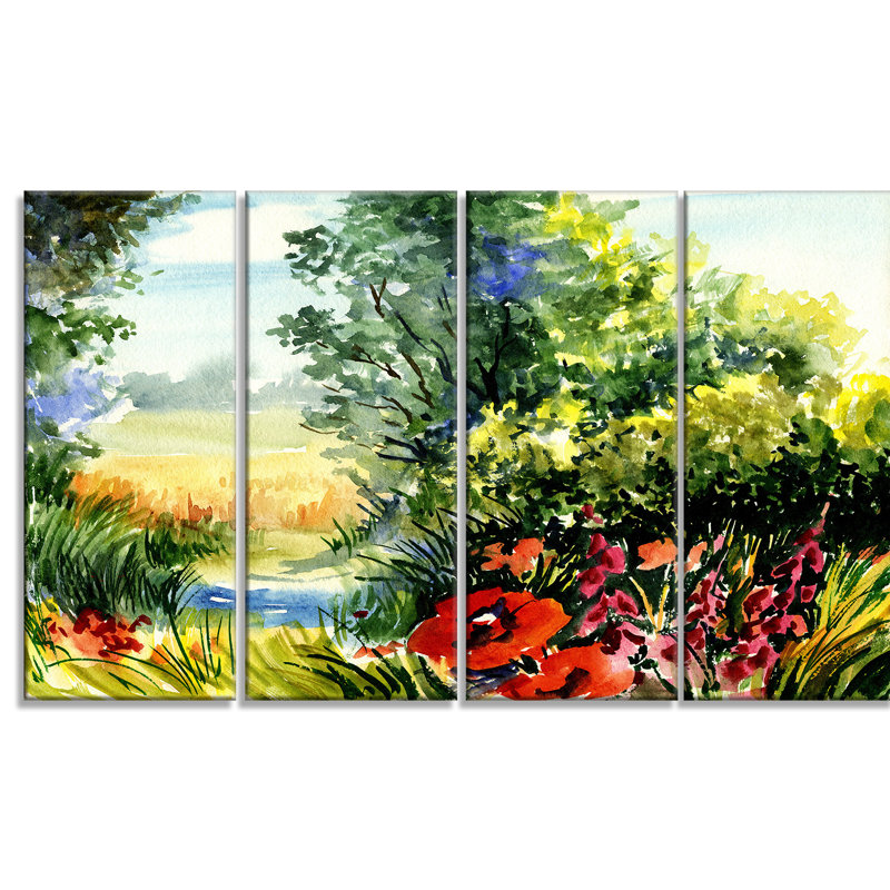 Designart Landscape With Flowers 4 Piece Painting Print On Wrapped