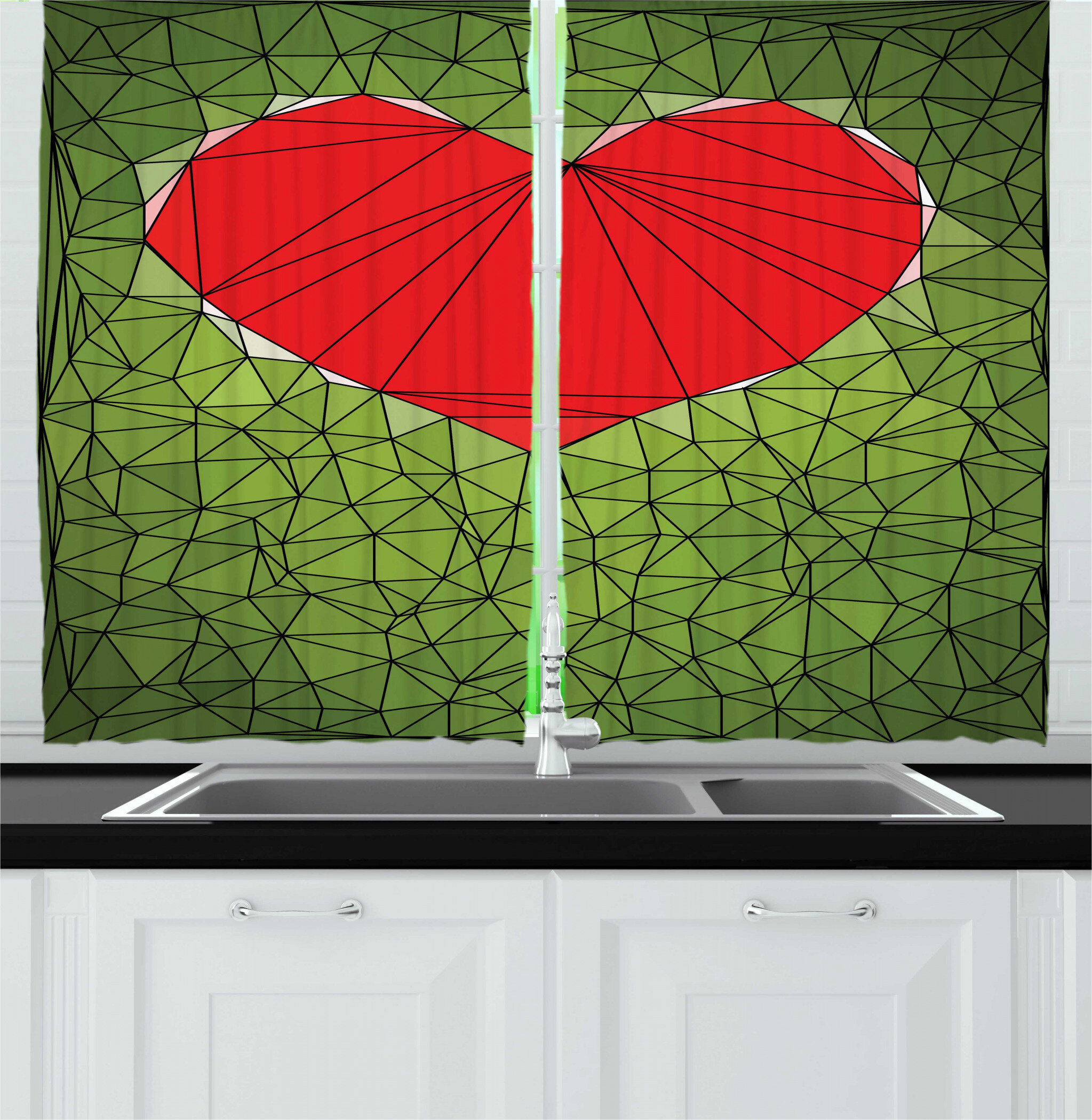 East Urban Home 2 Piece Polygons Stained Glass Inspired Mosaic Art Heart On Greenery Poly Shapes Kitchen Curtain Set Wayfair