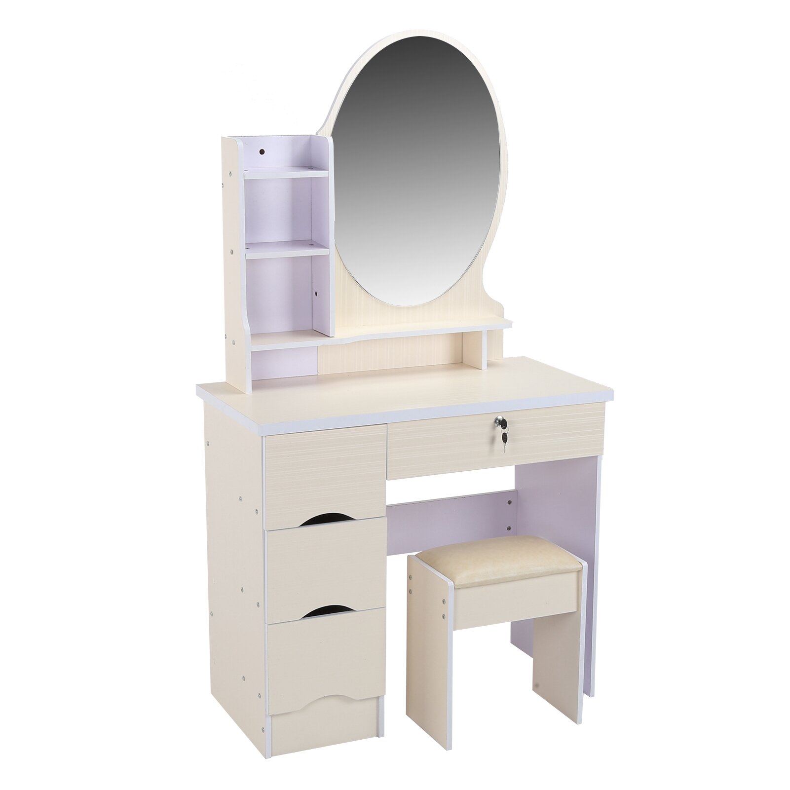 Round mirror Girl Vanity Makeup Table Set Desk W/wood legs Upholstered Stool
