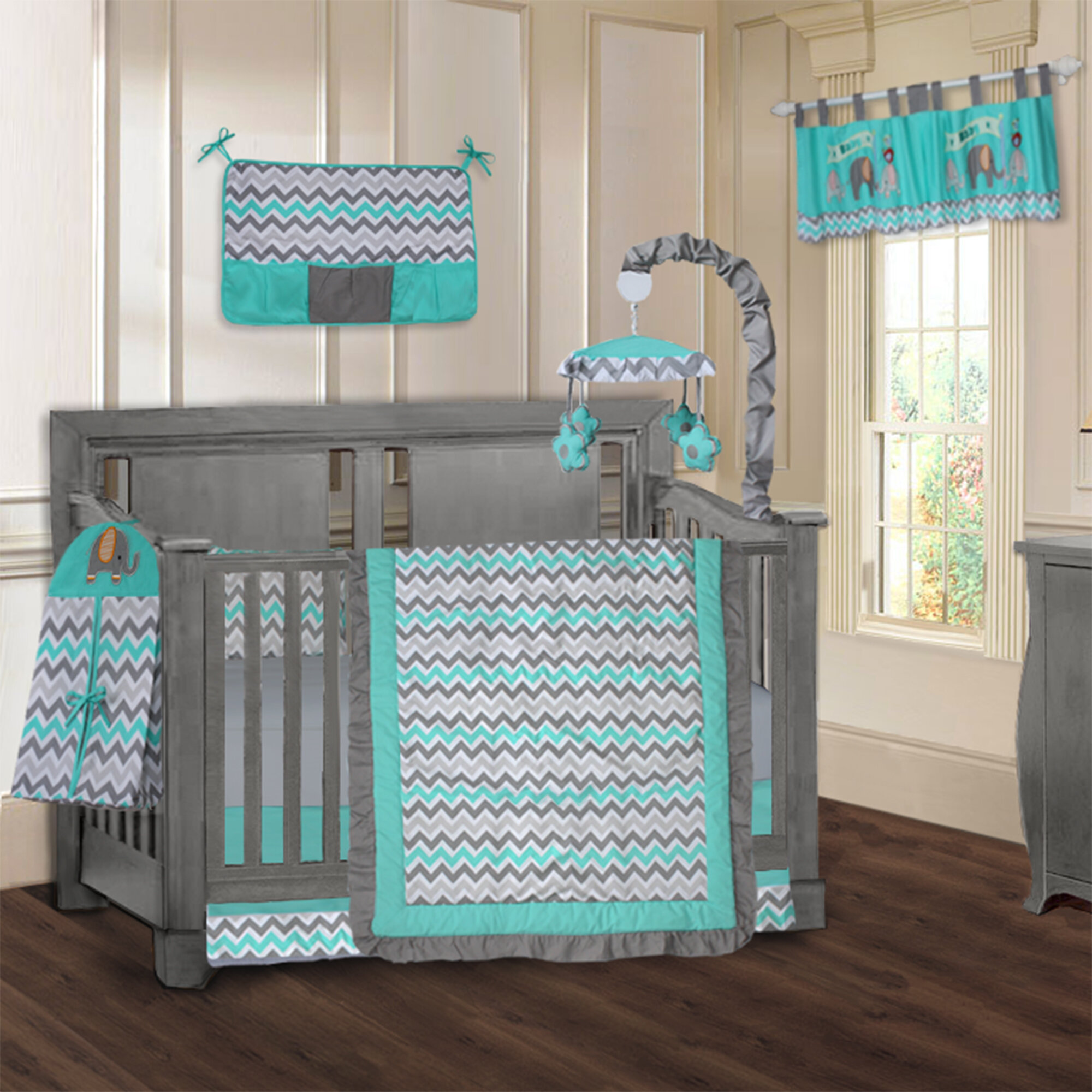 gray elephant crib bedding set