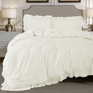 Miley 3 Piece Pleated Ruffled Comforter Set w/ Pillow Shams Soft Bedding Ivory 