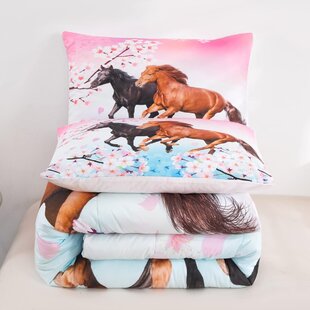 Pony Horse Surrounded by Colorful Flowers on Her Tail and Hair Equestrian Design Decorative Quilted 3 Piece Bedspread Set with 2 Pillow Shams Lunarable Sketchy Coverlet Set Queen Size Multicolor 