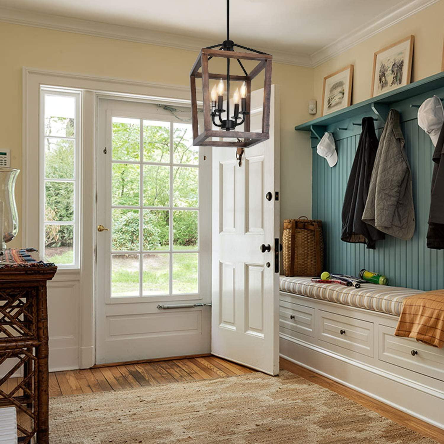 4-Light Rustic Chandelier, Adjustable Height Lantern Pendant Light With Oak  Wood And Iron Finish, Farmhouse Lighting Fixtures For Dining Room, ...