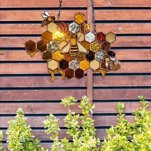 Queen Bee Protect Honey Outdoor Decoration Bumble Bee Sun Catcher Honey Bee Mosaic Handmade Home Decoration Wall Art Decoration Hanging Window Bee Ornament for Outdoor Garden Indoor Yard Patio