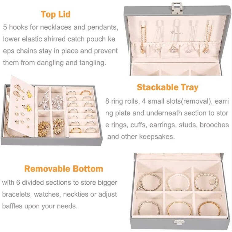 Double Layer PU Leather Jewelry Box Organizer Case Large Storage Necklace Box