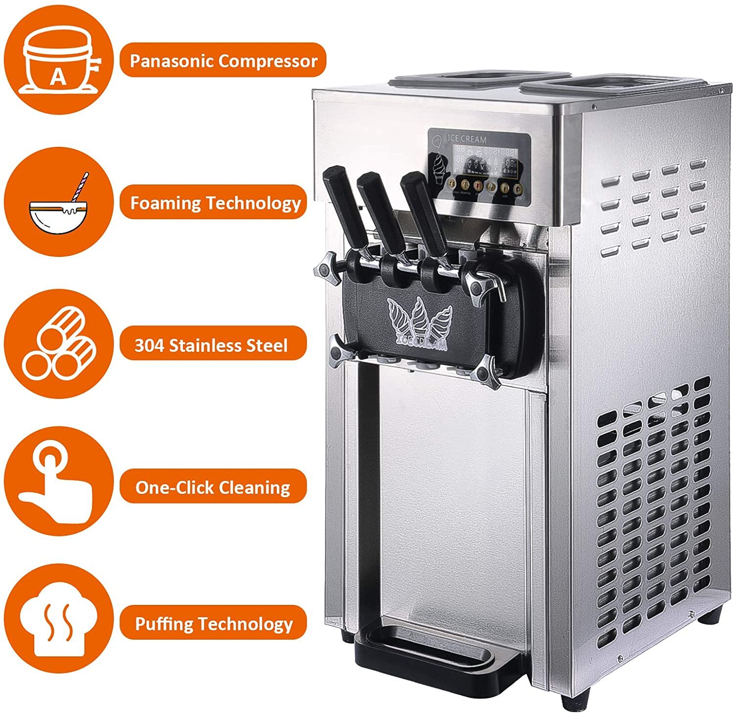 Houssem Commercial Soft Serve Ice Cream Machine,1200W 3Lx2 Tank 3 Flavors 18L Per Hour with LED Panel One-click Auto Clean,Countertop Stainless Steel Ice Cream Maker for Restaurants Bar Milk Tea Shop 