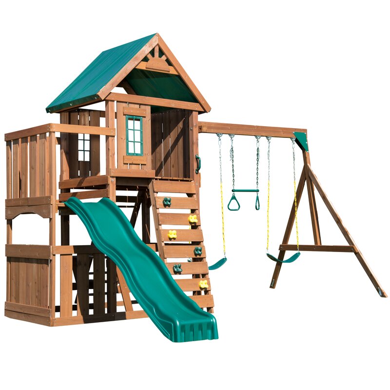 wooden double swing and slide set