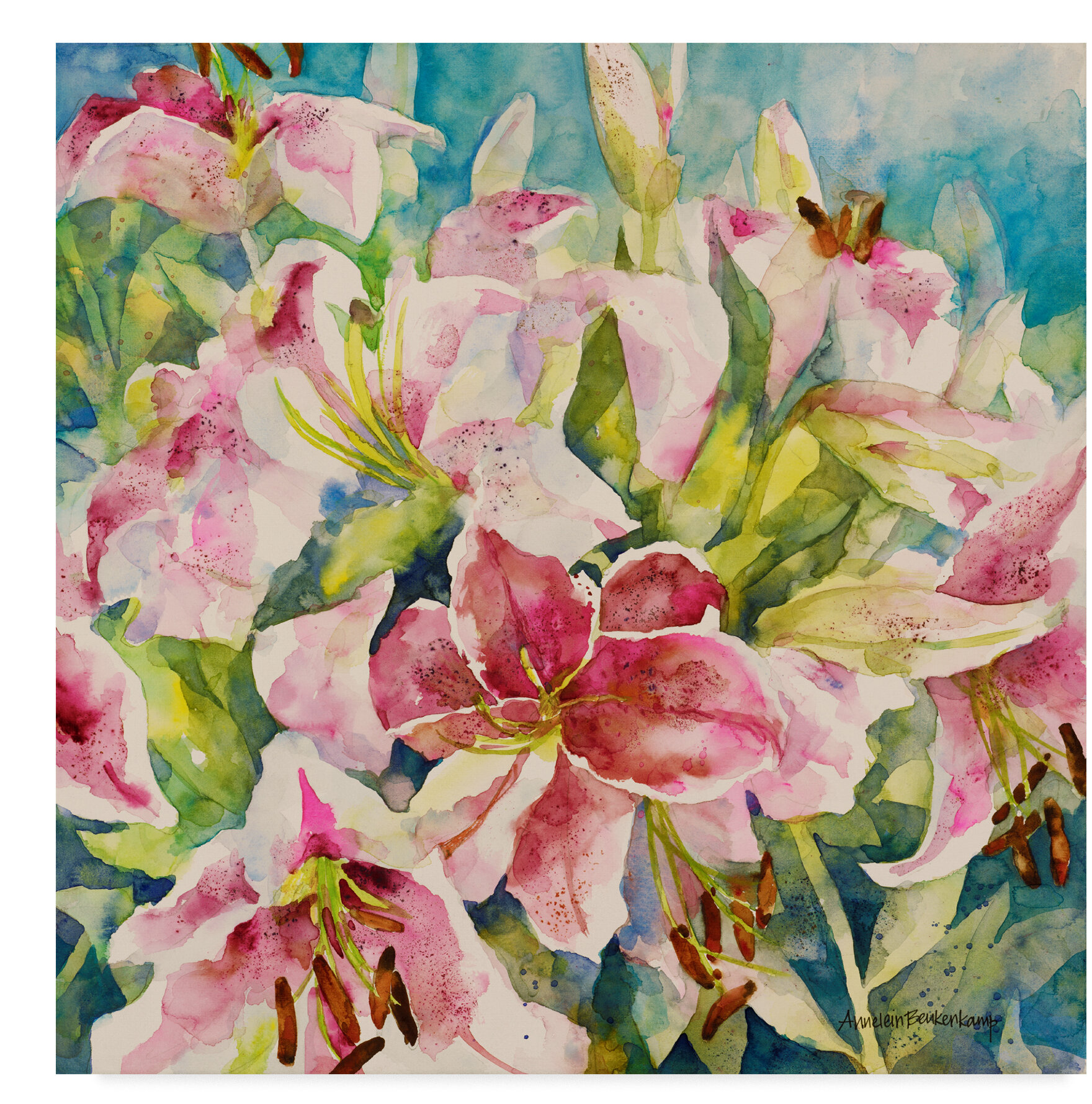 Trademark Art Annelein Beukenkamp Pink Lilies On Blue By Annelein 