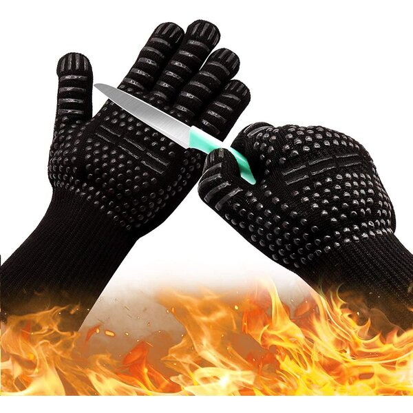 001, Double Glove Finger Ten Oven Gloves Heat Resistant BBQ Glove Cooking Accessories Non-Slip Thick High Temperature Insulated Microwave Kitchen Gloves