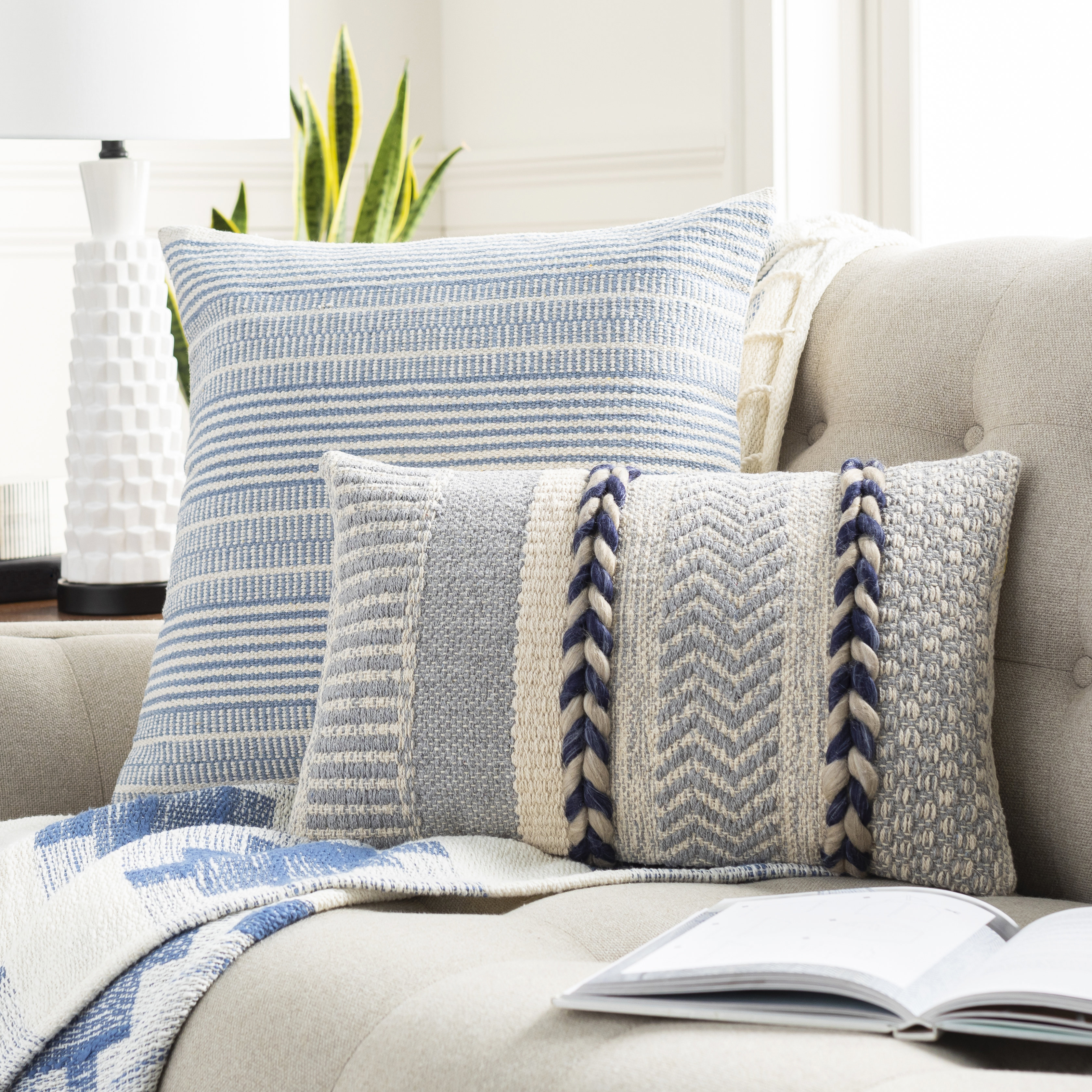 textured throw pillows blue