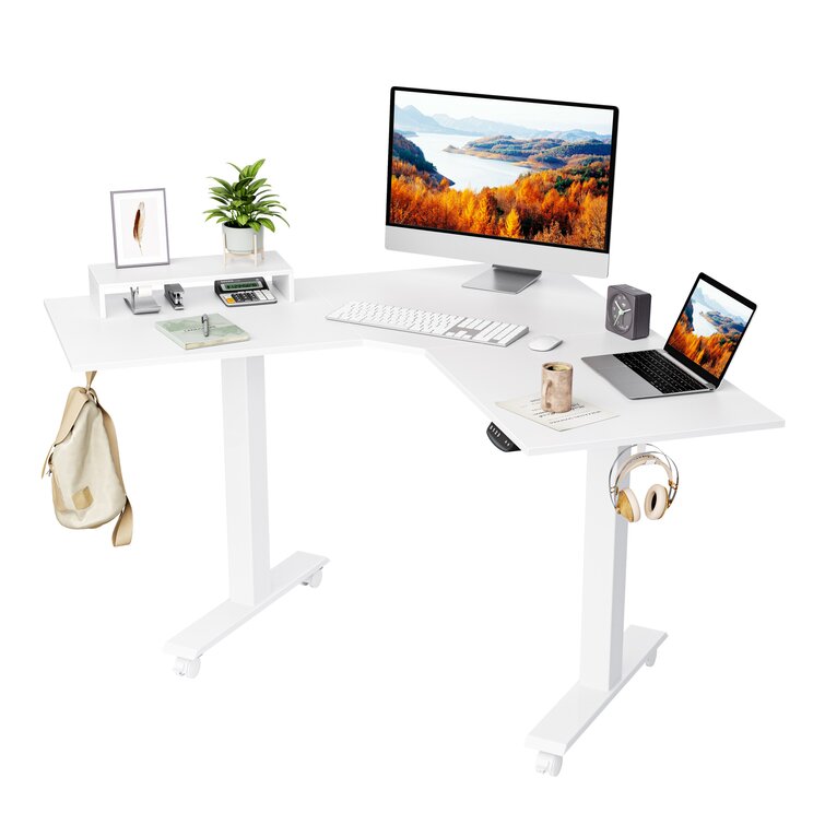 Full Sit Stand Home Office Table with Splice Board 48 Inches Height Adjustable Corner Desk Black Frame/Rustic Brown Top FEZIBO Dual Motor L-Shaped Electric Standing Desk