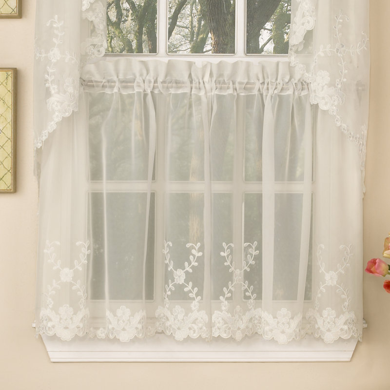 Embroidered Tier Voile Valance Window Sheer Curtains for Small Window Decor